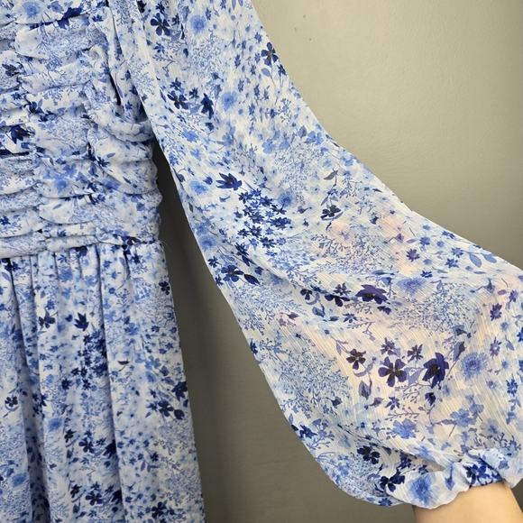 Baby Doll Bubble Long Sleeve Ruched Floral Chiffon Dress Blue Womens Size S - Picture 3 of 11